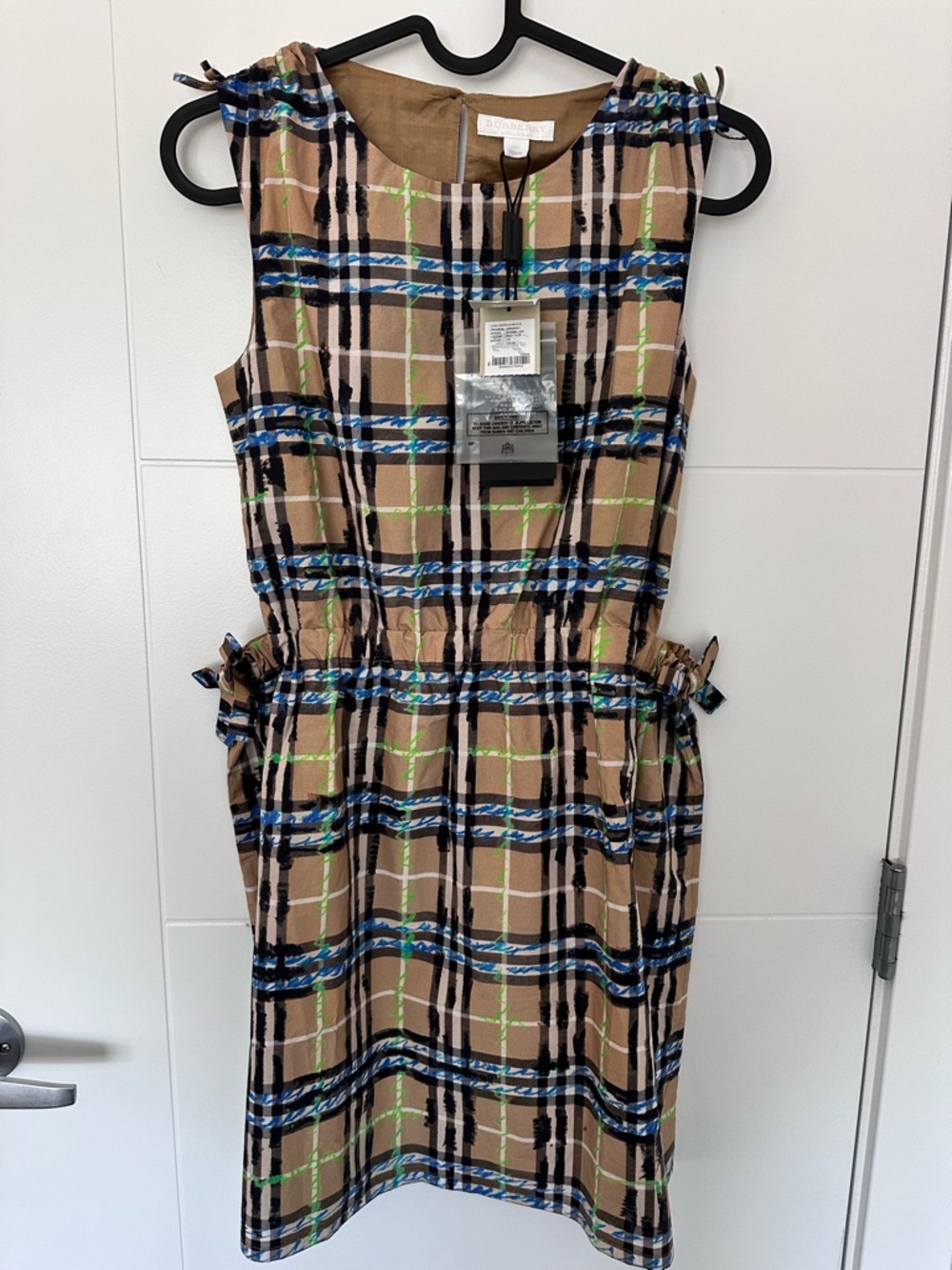 Burberry Kids Candra Scribble Check Dress Cotton Sleeveless Plaid Bow Dress
